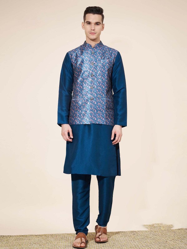 Peacock Blue Pure Silk Readymade Kurta Pajama With Jacket